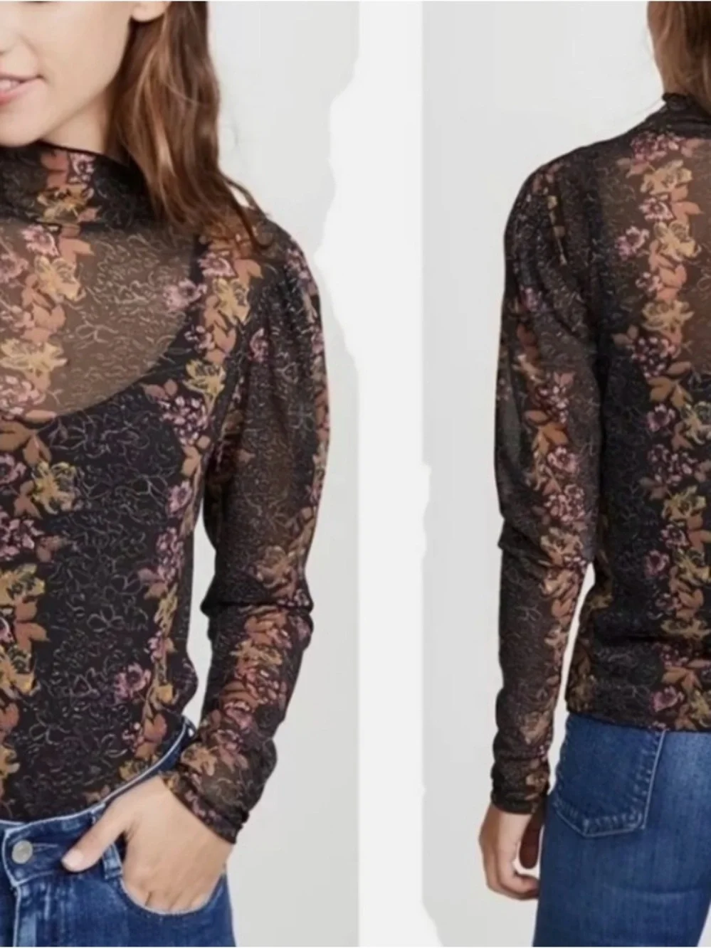#395 FREE PEOPLE Amber Black Mesh Floral Mock Neck Top w Pink & Gold - Picture 2 of 6